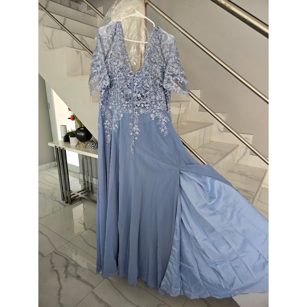 Long formal Plus dress Baby Blue and silver details. Line A, 3/4 sleeves